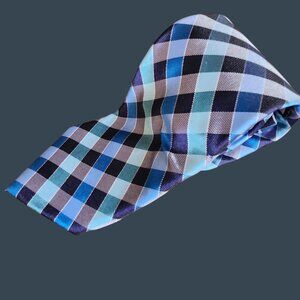 New Mens Express Plaid Tie 100% Silk Blue & Black Checkered Pattern